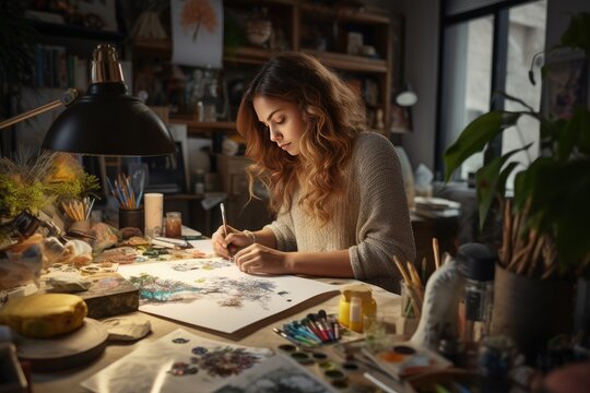 a woman is painting in a dark room, In a dimly lit room, a woman is creating art through painting.