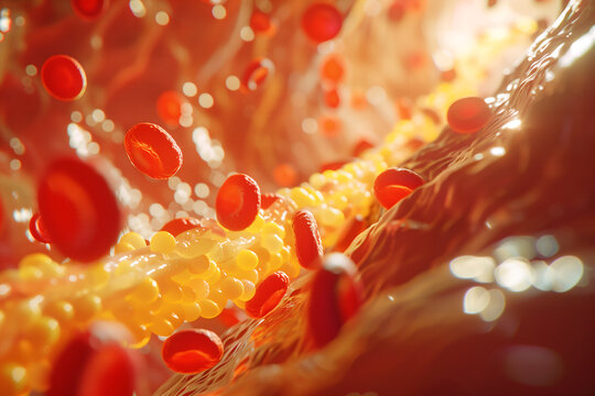 Human fat cells cholesterol clogging veins or arteries, causing health problems and heart disease.