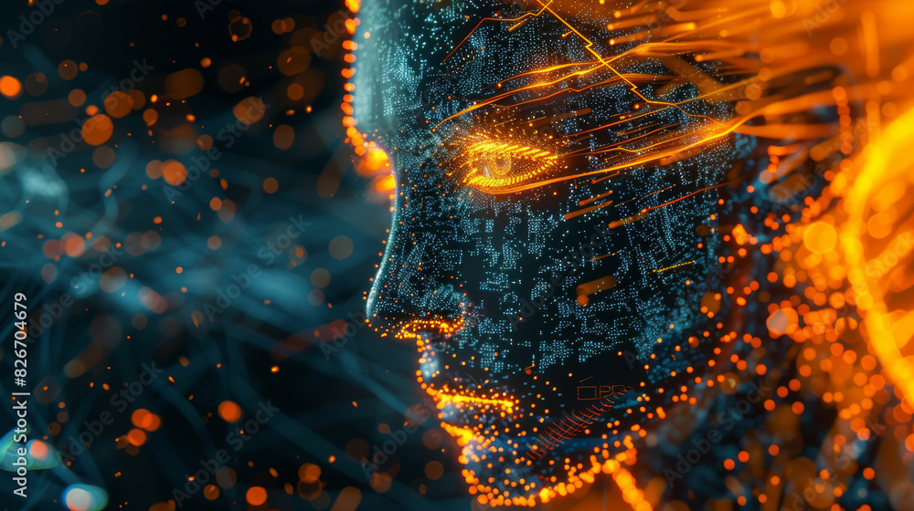 Poster Abstract image of a human face profile made with glowing digital elements against fiery backdrop