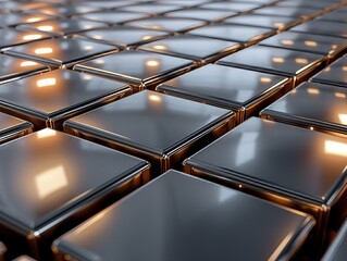 A close up of a shiny, metallic surface with a lot of squares. The squares are all the same size and are all facing the same direction