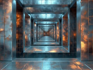 A long, narrow hallway with a metallic finish. The walls are covered in a pattern of squares and rectangles. The hallway is dimly lit, giving it a mysterious and eerie atmosphere