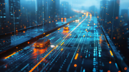 Digitized motion of autonomous cars on urban highway with digital connectivity lines