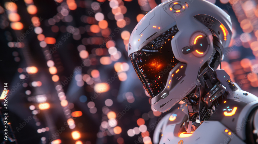 Aufkleber close-up shot of a futuristic artificial intelligence robot head with neon light glows