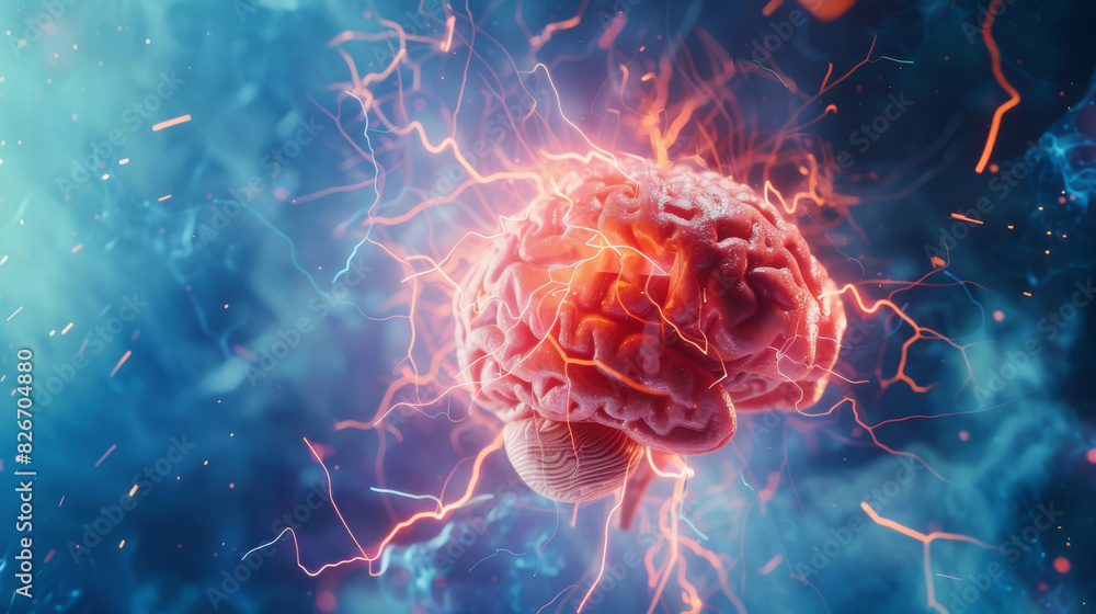 Poster digital illustration depicting active synapses and neural pathways within the human brain