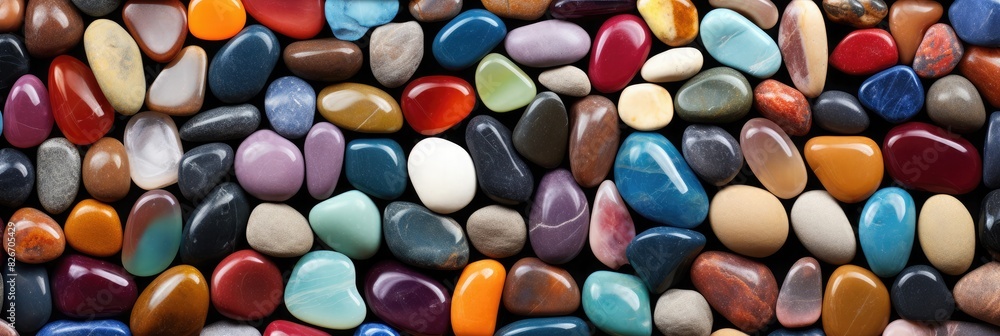 Poster a bunch of different colored rocks on a table, A collection of assorted rocks in various colors displayed on a table.