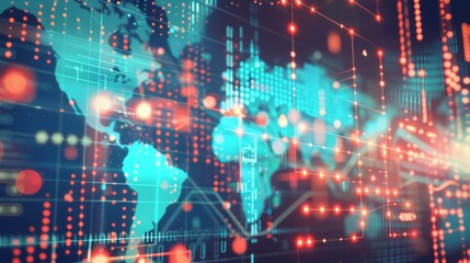 Obraz premium Abstract representation of a global tech network with financial data and digital connections, emphasizing the future of technology and global economy