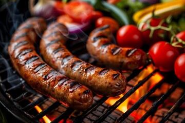 Sizzling summer barbeque grilled sausages and vegetables on a hot fiery grill, BBQ close up view