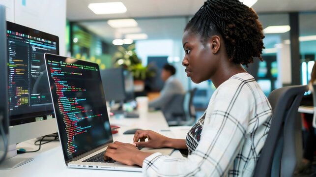 Young black woman working on laptop in office setting, African American female creating computer program code