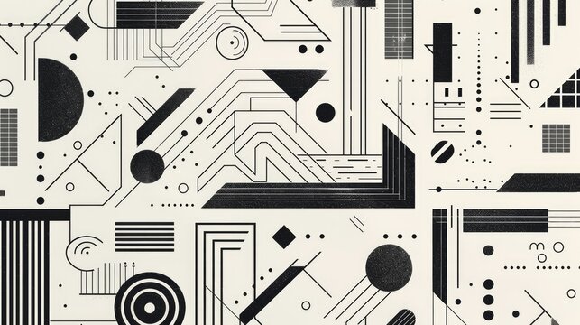Geometric Shapes and Lines on White Background A Modern Monochrome Design for Textiles and Wallpaper