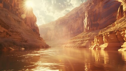 In the canyon, a wide river flows between towering cliffs. The sun shines on both sides of the walls and reflects in the water surface. 