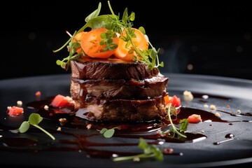 a plate of food with meat and vegetables, A dish comprising of both meat and vegetables.
