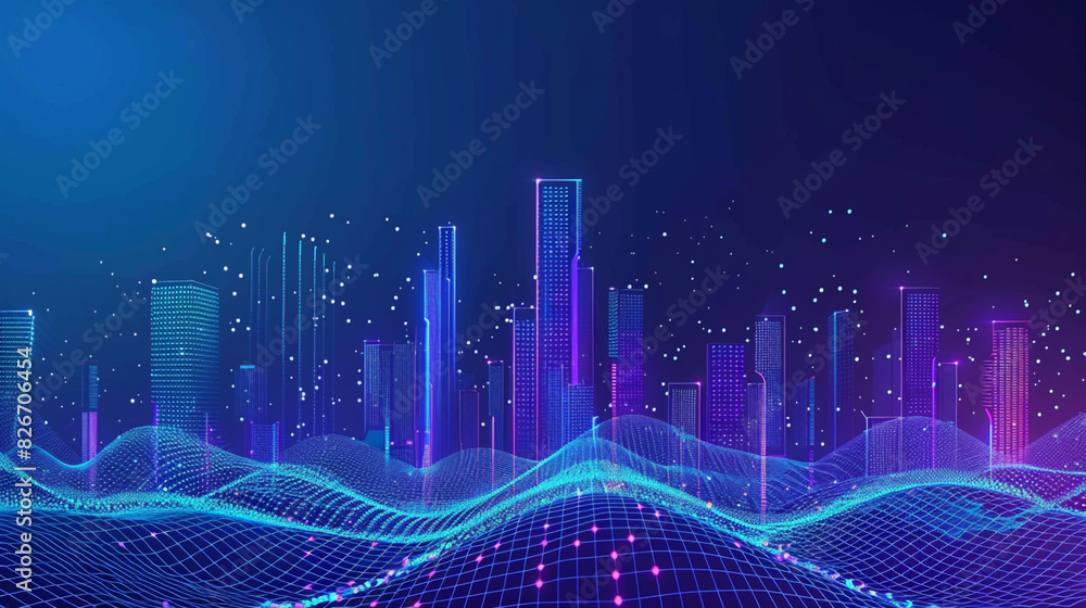 Wall mural smart city and abstract dot point connect with gradient line and aesthetic intricate wave line desig