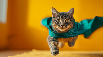 Cute kitten wearing superhero costume standing on hind legs and looking at camera. Isolated on white background
