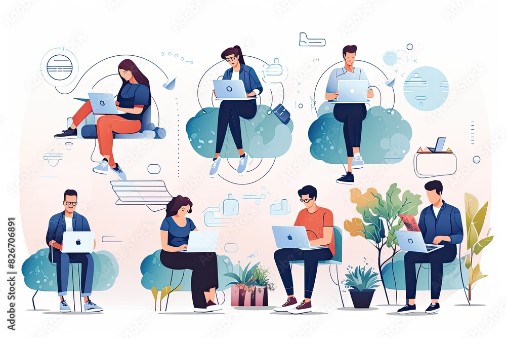 Aufkleber a group of people sitting on a bench with laptops, a collection of individuals seated on a bench, ea