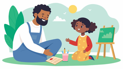 A refugee father and daughter sit side by side in an art therapy session laughing and chatting as they work on a painting that symbolizes their. Vector illustration
