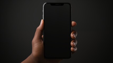 A close-up of a hand holding a smartphone with a black blank screen.