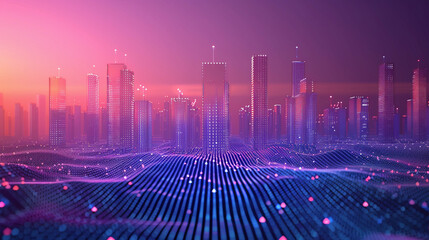 Smart city and abstract dot point connect with gradient line and aesthetic Intricate wave line design, big data connection technology concept