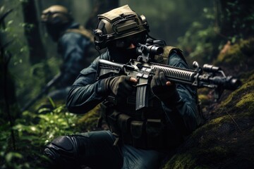 Fototapeta premium a man in a military uniform holding a rifle, An individual dressed in military attire, carrying a firearm.