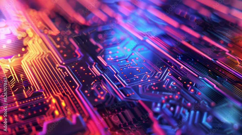 Poster Vibrant blue and red neon lights on an abstract circuit board image