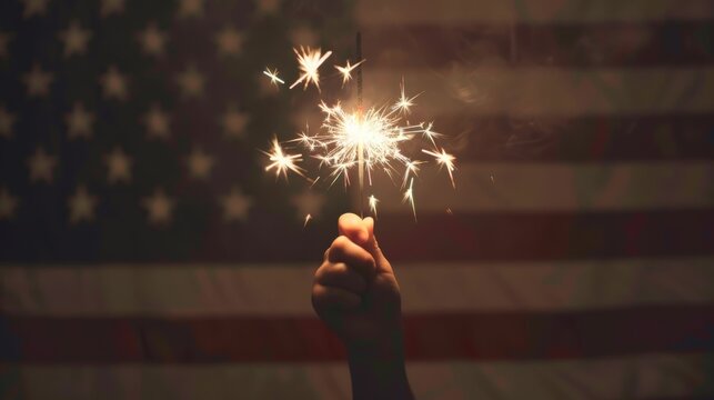 Child hand holding a sparkler, with an American flag behind
