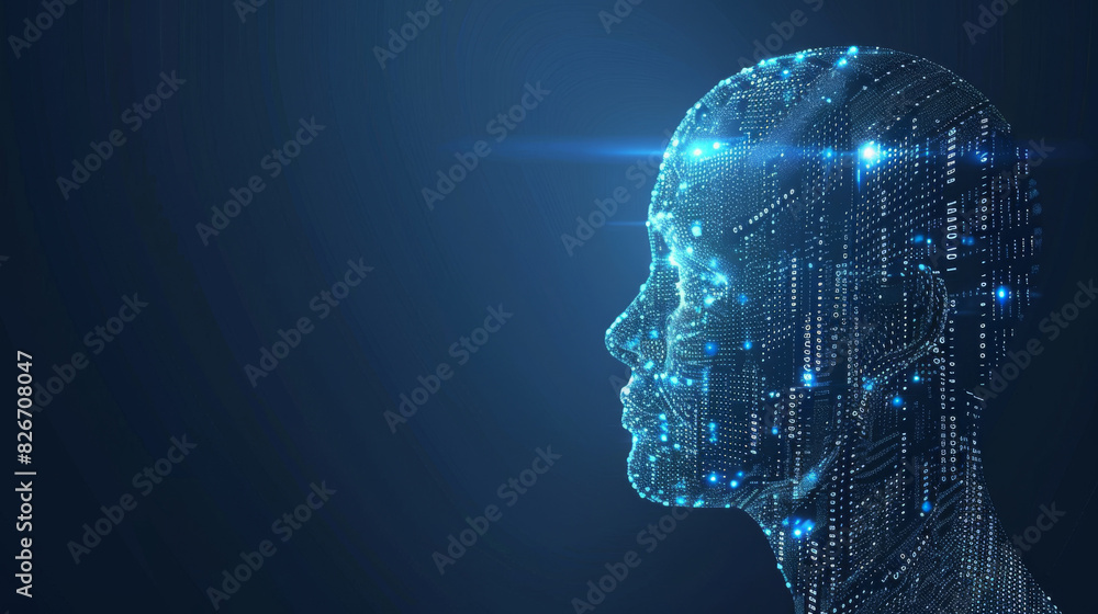 Aufkleber Digital human head profile illuminated by binary code on a dark background