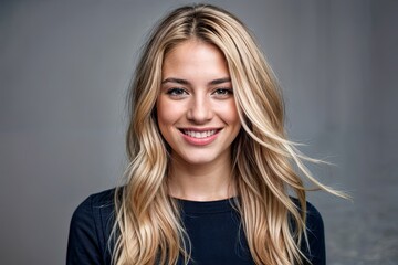 Naklejka premium A woman wearing a blue shirt smiles with her long blonde hair
