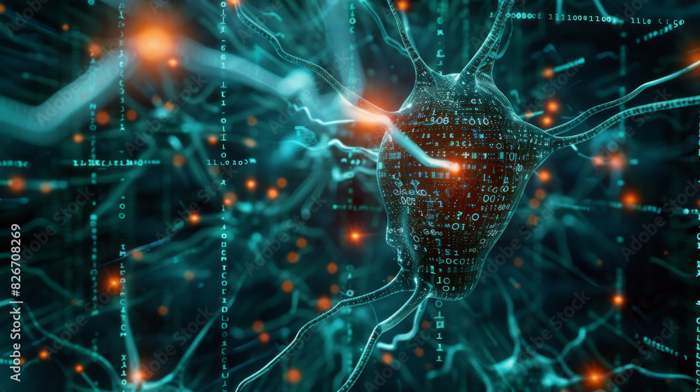 Aufkleber Visualizing a futuristic neural network with binary code and glowing connections