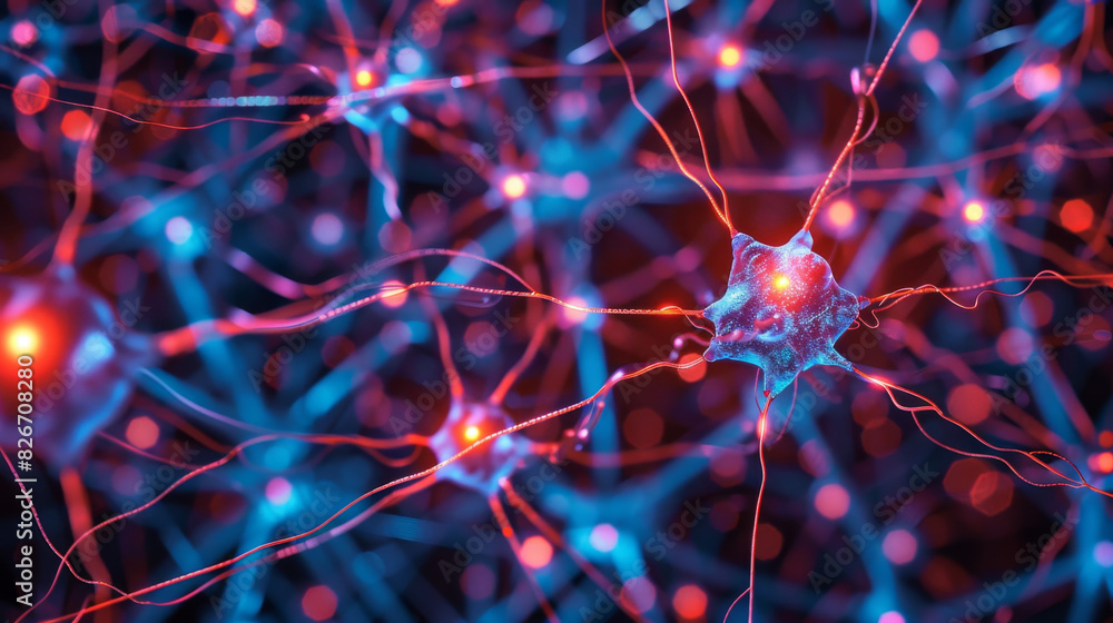 Poster colorful digital illustration of a neuron and its synapses in a neural network