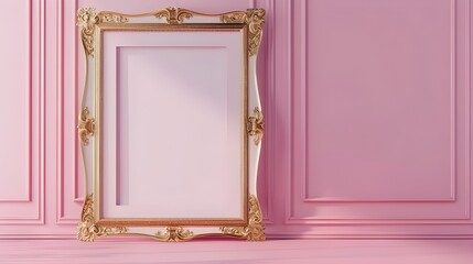 Vertical golden frame close-up on a wall painted a soft pink hue, rendered in three dimensions