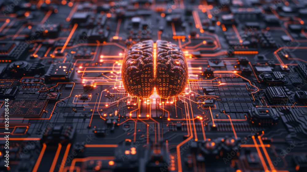 Aufkleber Conceptual 3d rendering of a glowing brain integrated with advanced circuitry
