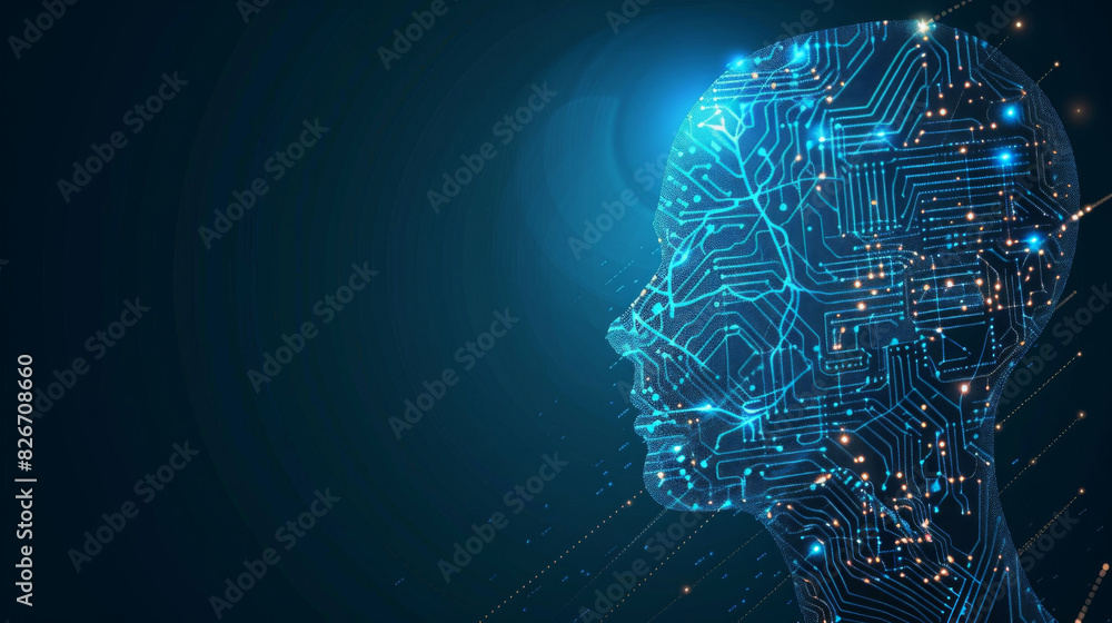 Poster abstract image featuring a side view of a human head silhouette with glowing neural network circuitr