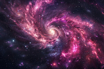 Obraz premium Majestic space nebula with swirling patterns of stars and cosmic dust, captured in stunning hues of pink and purple against the dark universe