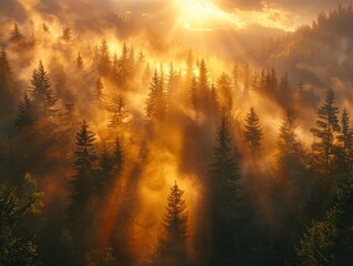 Obraz premium Golden Light in the Forest: Aerial View of Raw Beauty in 8K Resolution