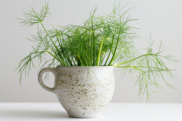 Vibrant green dill plant overflows from a speckled ceramic cup set against a clean, neutral-colored background with soft lighting
