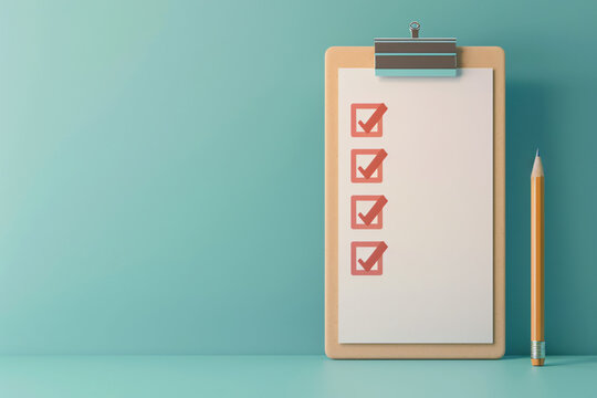 Minimalist composition featuring a clipboard with a completed checklist next to a pencil, set against a soft pastel blue backdrop