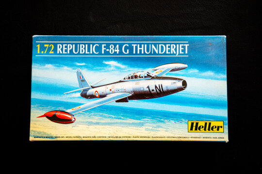 Heller Republic F-84 G Thunderjet,  jet fighter-bomber plane, Corea war, Old Plastic Model Kit, on a dark background, on May 16, 2024, in Mar del Plata, Buenos Aires, Argentina.