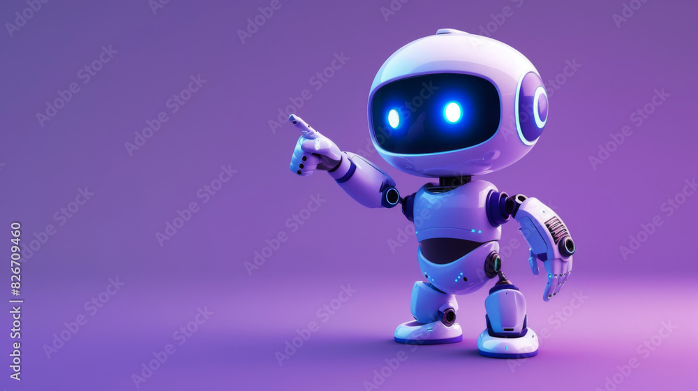 Aufkleber 3d rendering of a cute white robot with blue eyes gesturing to the side against a purple background