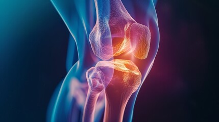 3D rendering of a human knee joint with detailed bone structure, ultrarealistic close up, anatomical precision, realistic, Overlay, medical illustration backdrop