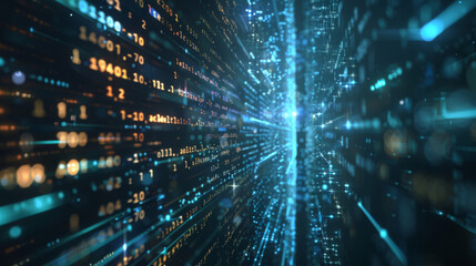 Streaming binary code with glowing effects in a 3d digital environment