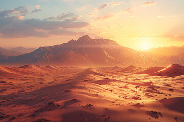 A surreal desert landscape bathed in golden sunlight, with towering sand dunes stretching as far as the eye can see. Concept of desert adventure and tranquility. Generative Ai.