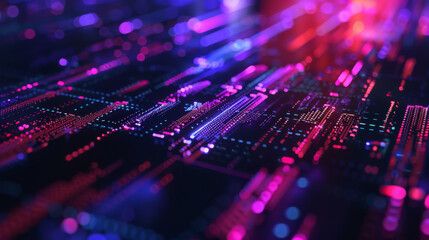 Obraz premium Abstract close-up of a circuit board with vibrant neon lights, symbolizing advanced technology