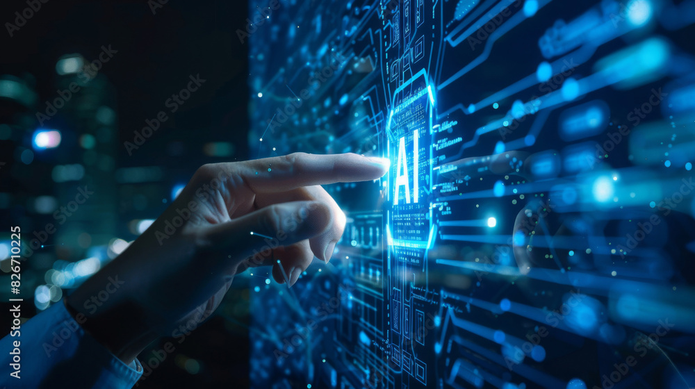 Poster Close-up of a hand engaging with a luminous digital interface in a dimly lit, futuristic setting