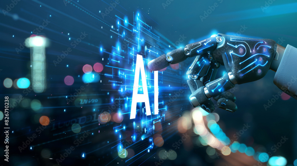 Leinwandbilder futuristic robotic hand touching an ai interface against a digital backdrop