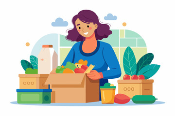 Faceless woman packing food as donations. Humanitarian aid organization. Grocery for needy and poor people. Preparing boxes for charity, flat illustration