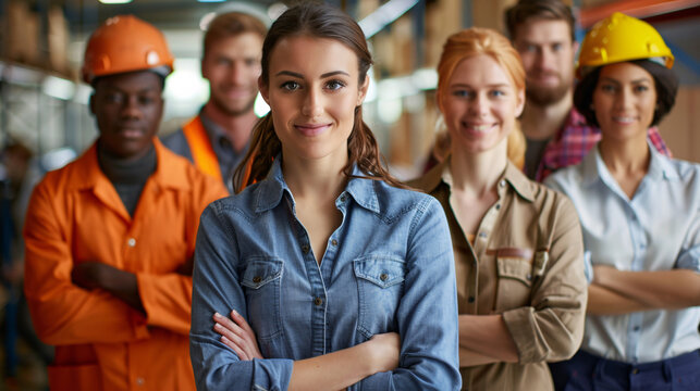 Confident female engineer in warehouse. Portrait of a diverse team of engineers in a warehouse, showcasing teamwork and expertise in an industrial setting.