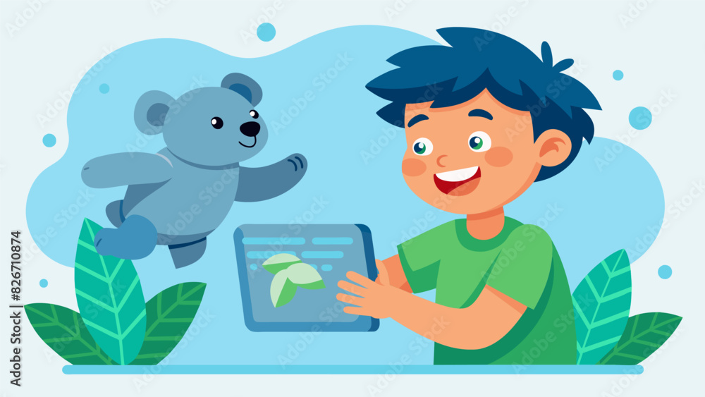 Poster a young boy squeals with delight as he interacts with a virtual koala as it munches on eucalyptus le