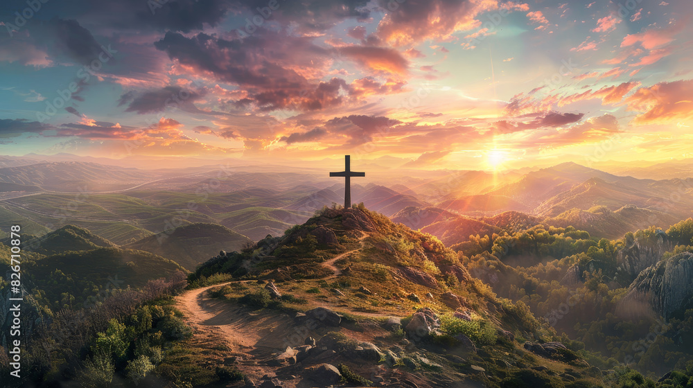Wall mural cross on a mountain with beautiful sunset - Wall murals