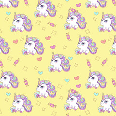 cute pattern baby  rainbow unicorn with yellow background
