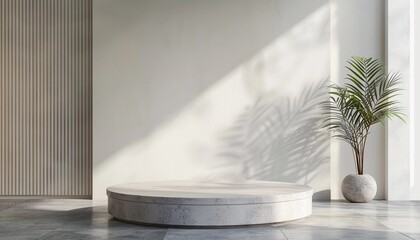 Contemporary White Podium Stage Rack front view focus with ropical Leaves Background