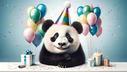 a funny panda animal wearing a festive hat, celebrating its birthday at a party.